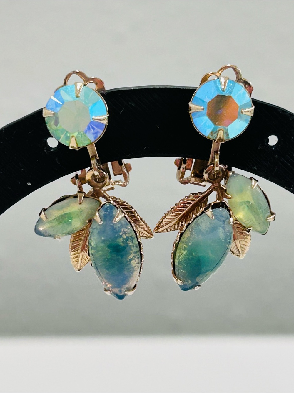 Vintage Aurora Borealis Dangle Clip On Earrings Blue Green Goldtone Leaf Design